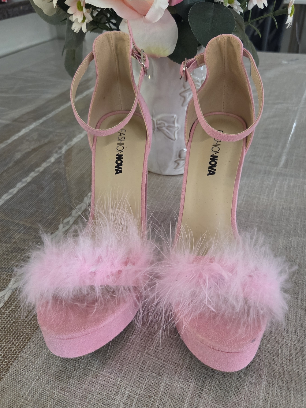 Fashion Nova Pink Feathered Ankle-Strap Platform Heels
